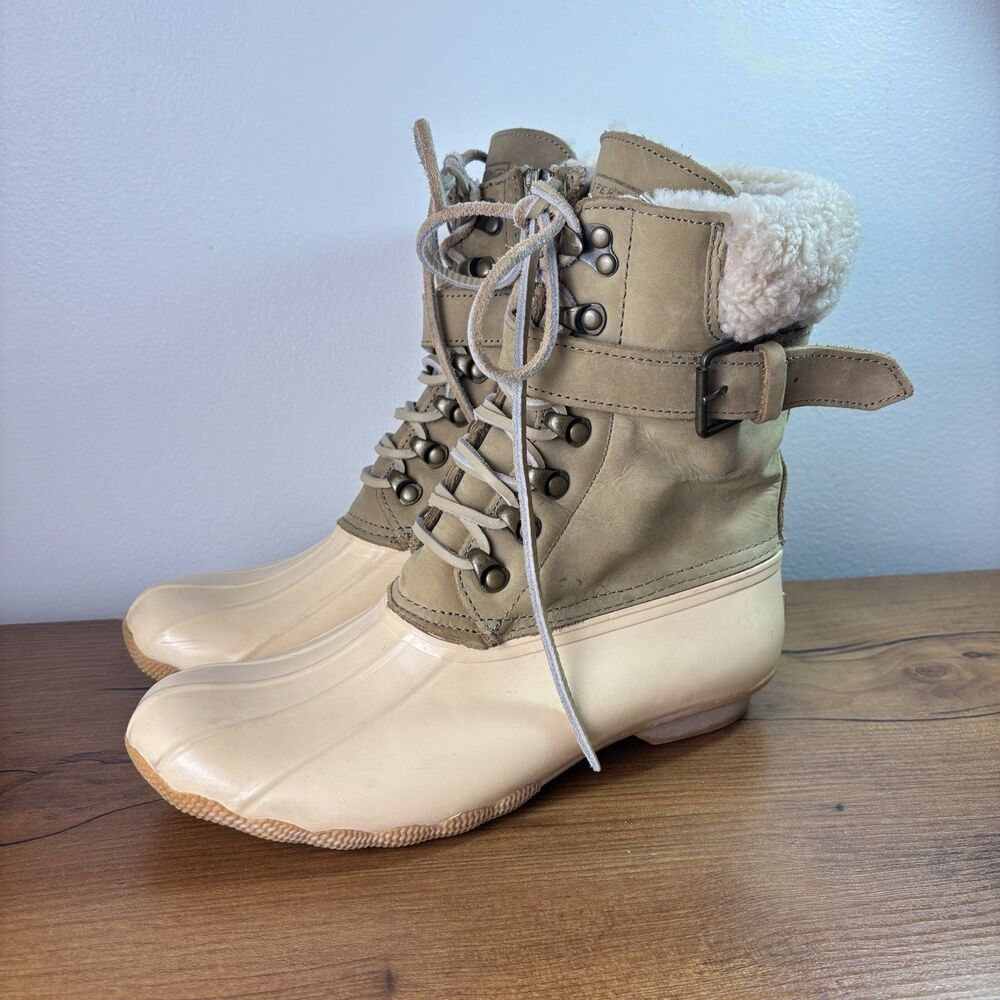 Sperry J. Crew Shearwater Duck Boots 100% Wool Lining Women's Size 8 Ivory